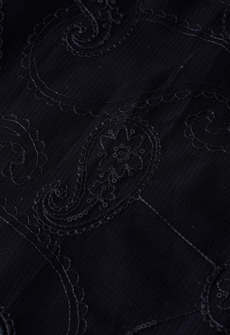 Sequined Embroidered Paisley Mesh Midi Skirt in Black