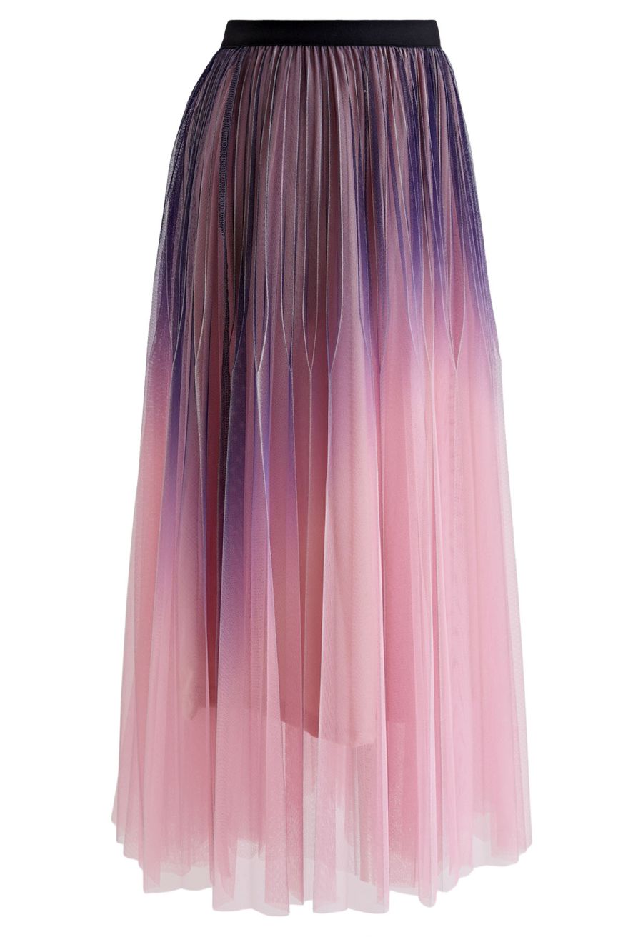 Shimmer Gradient Pleated Mesh Midi Skirt