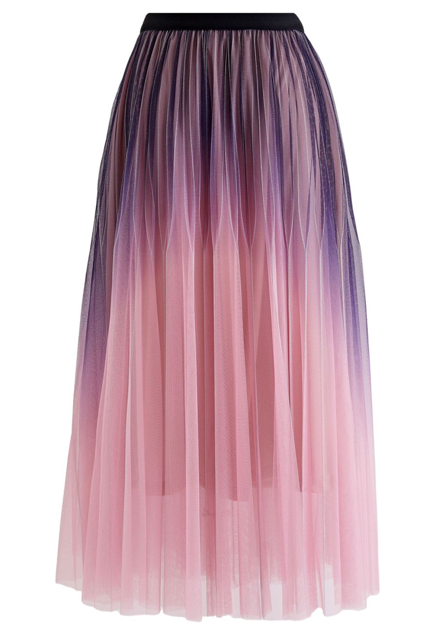 Shimmer Gradient Pleated Mesh Midi Skirt