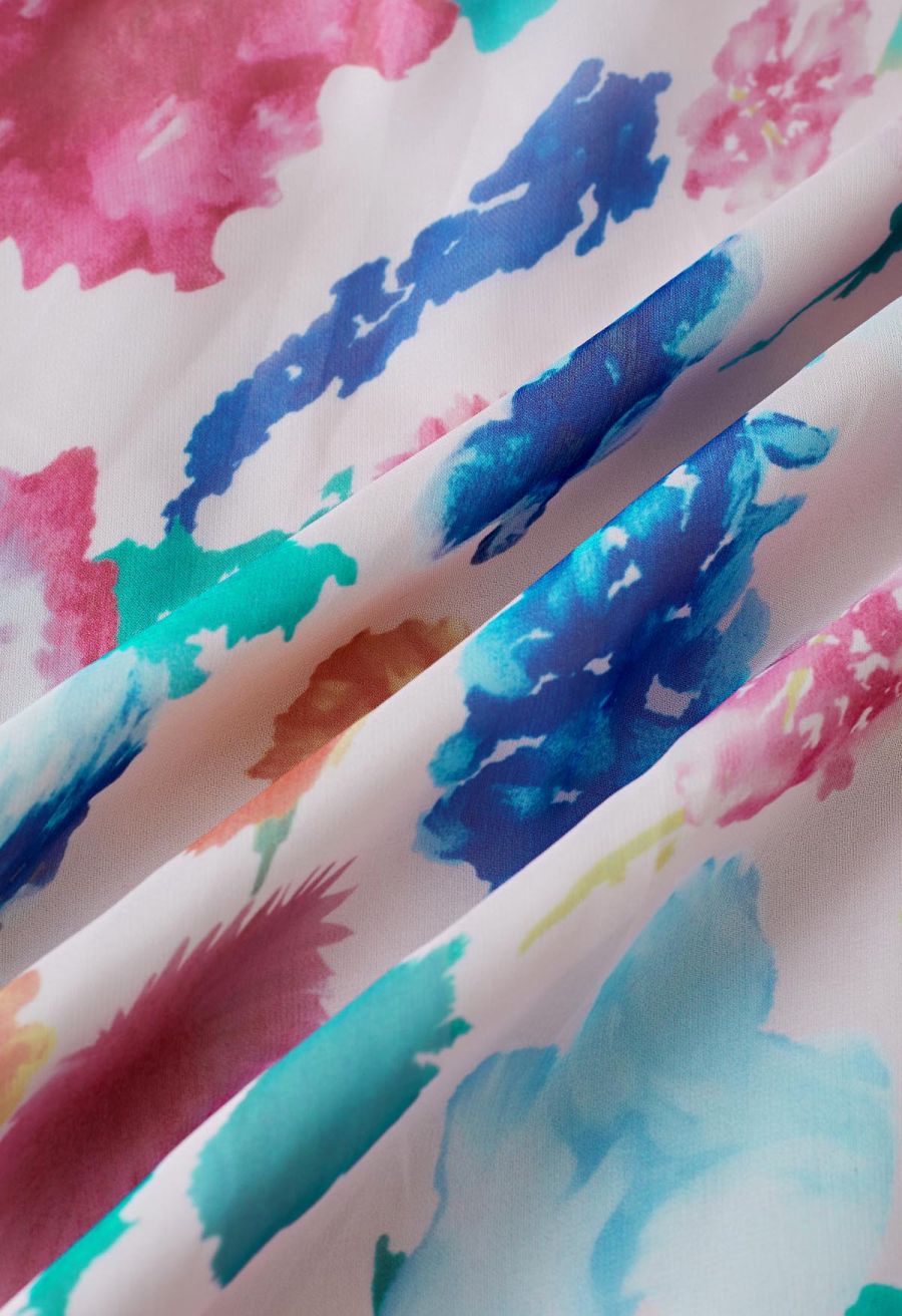 Colorful Blossom Printed Chiffon Maxi Skirt in Pink