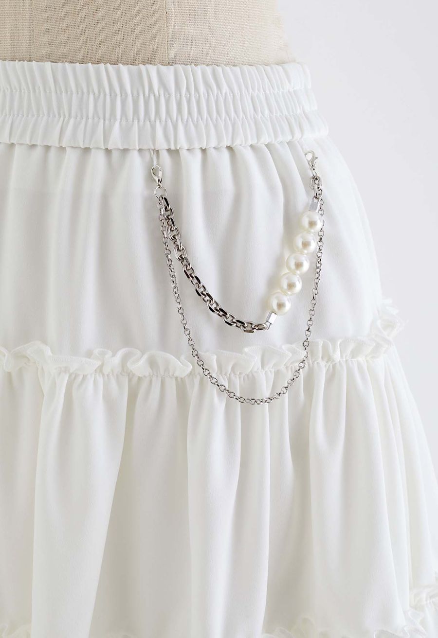 Pearl Chain Ruffle Detail Frilling Skirt in White
