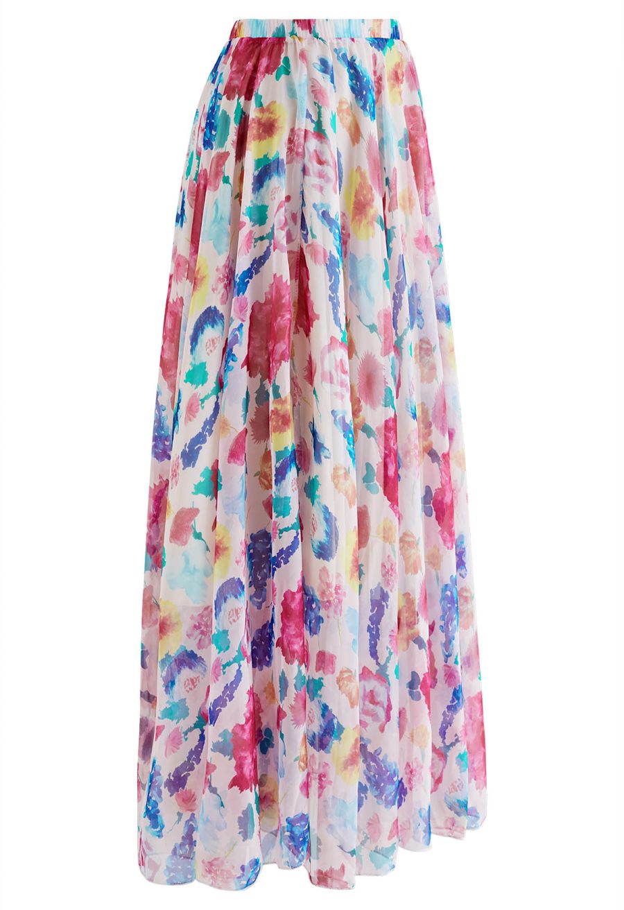 Colorful Blossom Printed Chiffon Maxi Skirt in Pink