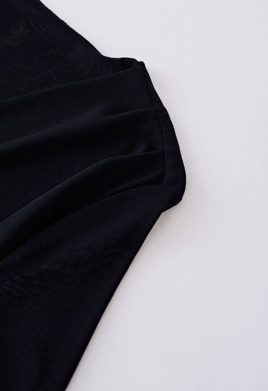 Faux Wrap Soft Mesh Elbow Sleeve Top in Black