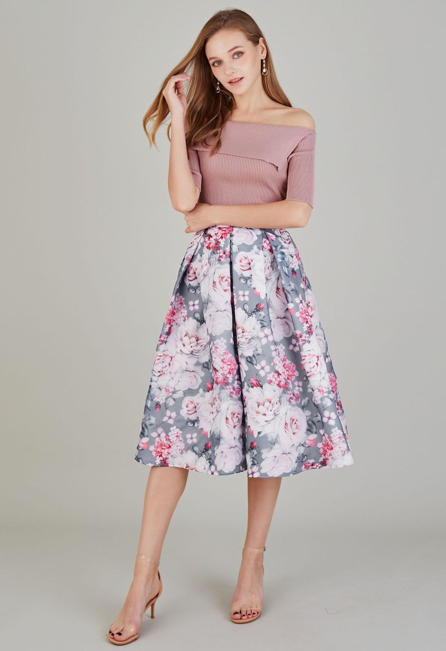 Folded Off-Shoulder Short-Sleeve Knit Top in Pink