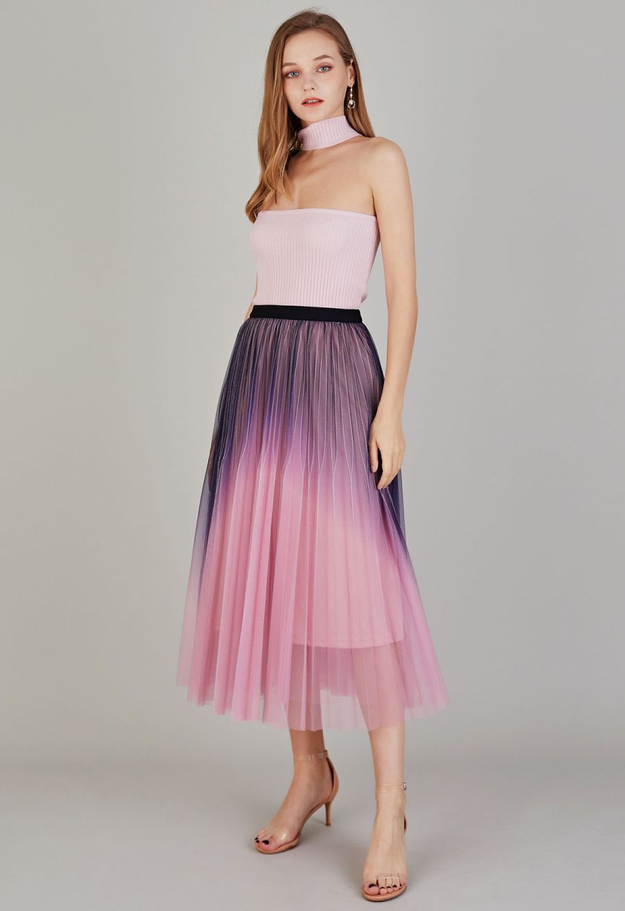 Shimmer Gradient Pleated Mesh Midi Skirt