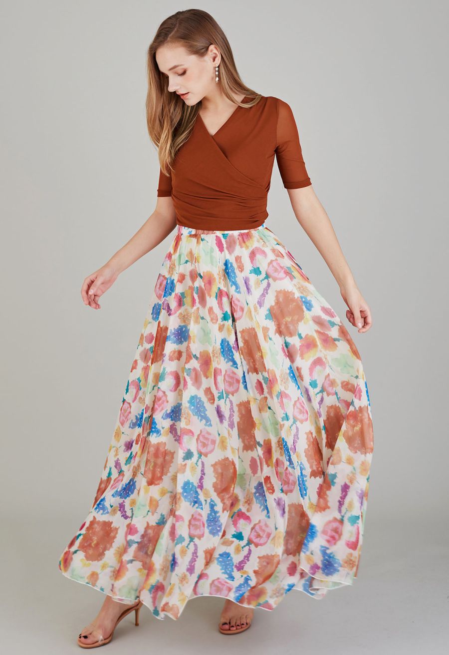 Colorful Blossom Printed Chiffon Maxi Skirt in Light Yellow