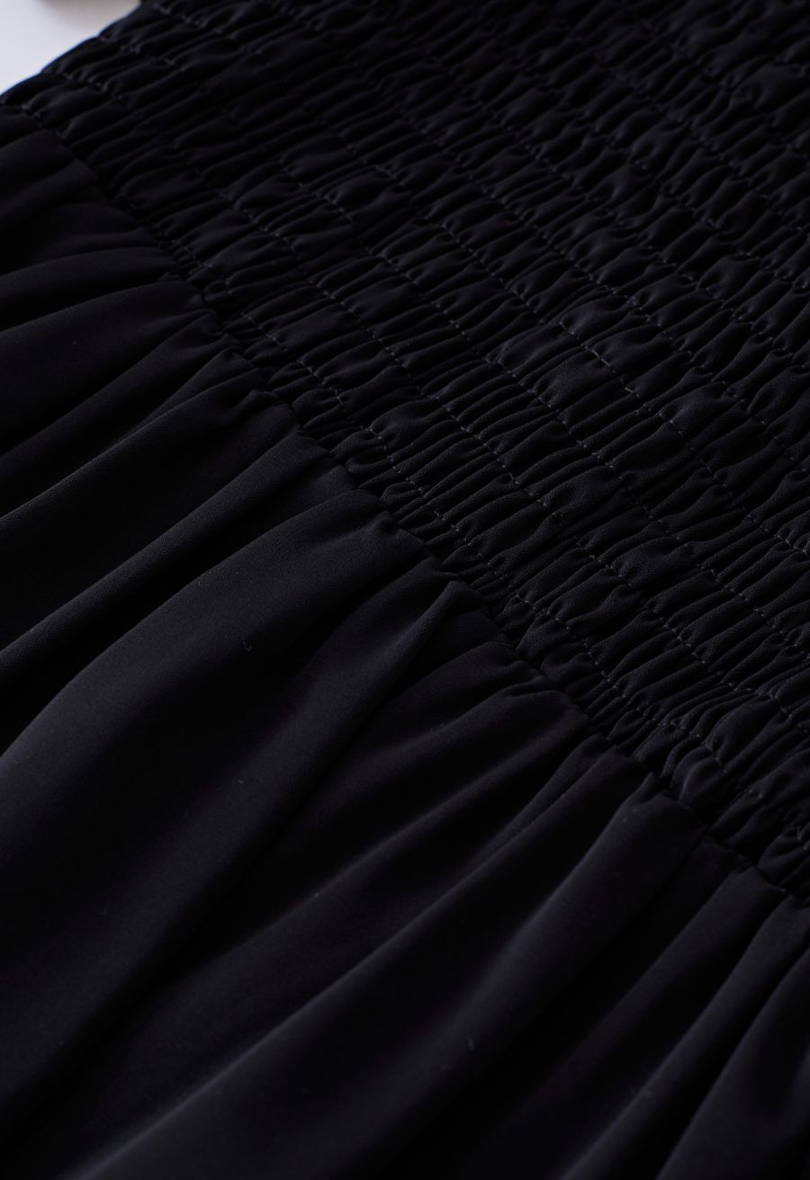 Cross Ribbon Flutter Sleeves Ruffle Dress in Black