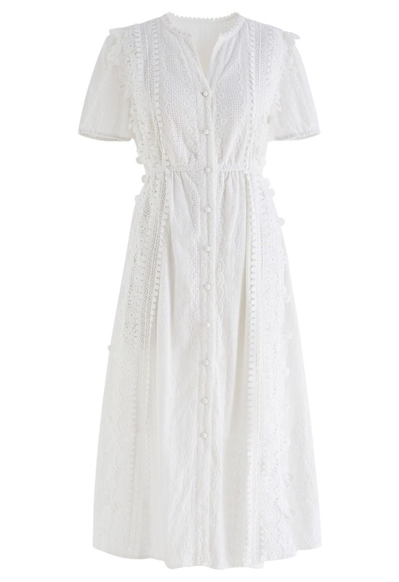 Eyelet Embroidered Cutwork Lace Trim Button Down Dress
