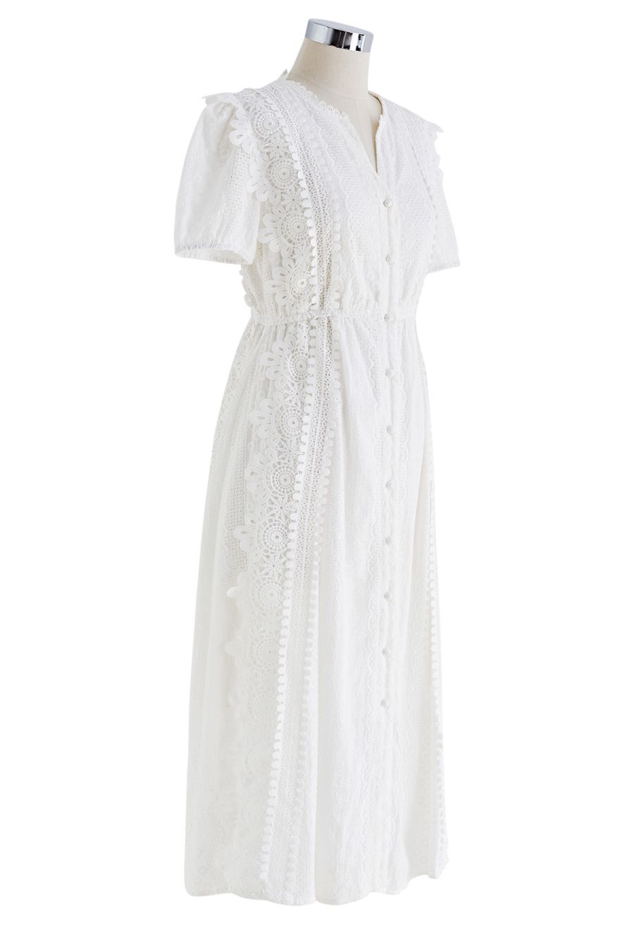 Eyelet Embroidered Cutwork Lace Trim Button Down Dress