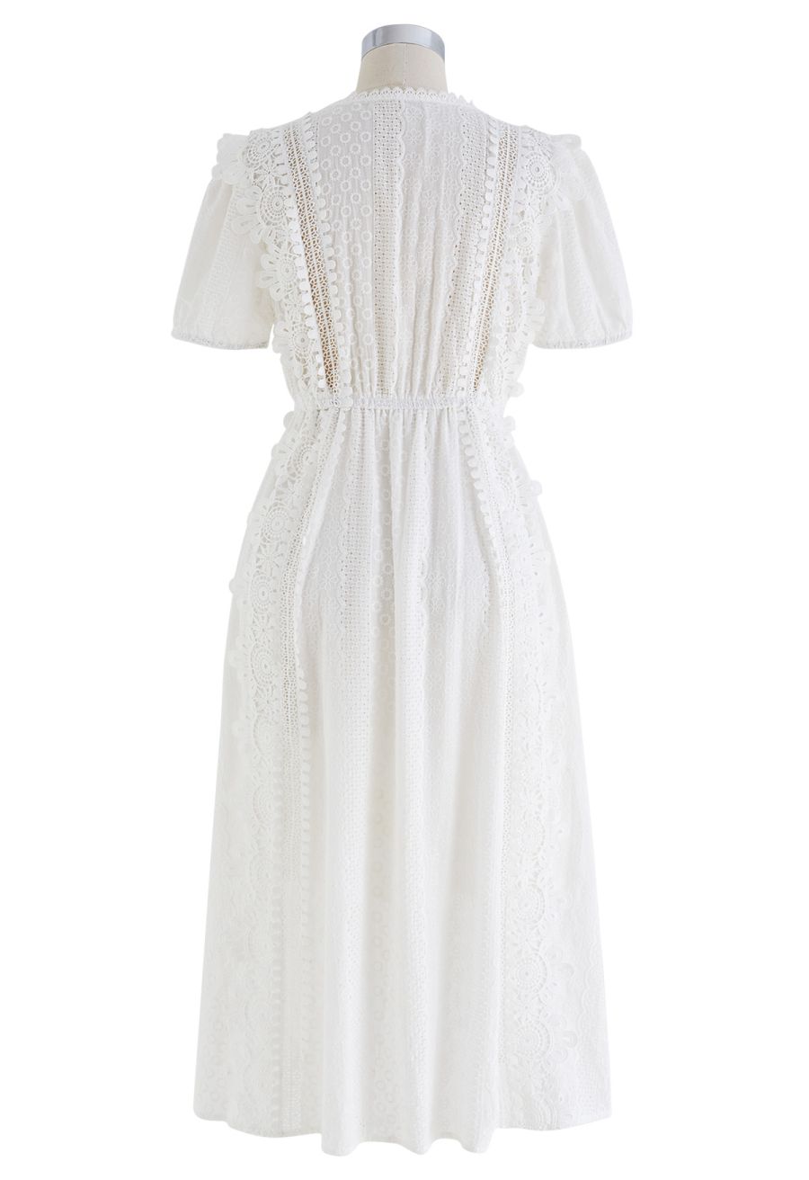 Eyelet Embroidered Cutwork Lace Trim Button Down Dress