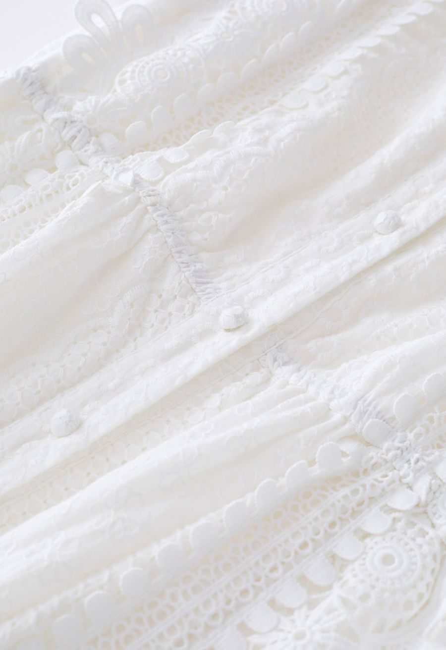 Eyelet Embroidered Cutwork Lace Trim Button Down Dress