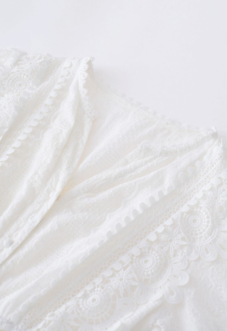 Eyelet Embroidered Cutwork Lace Trim Button Down Dress