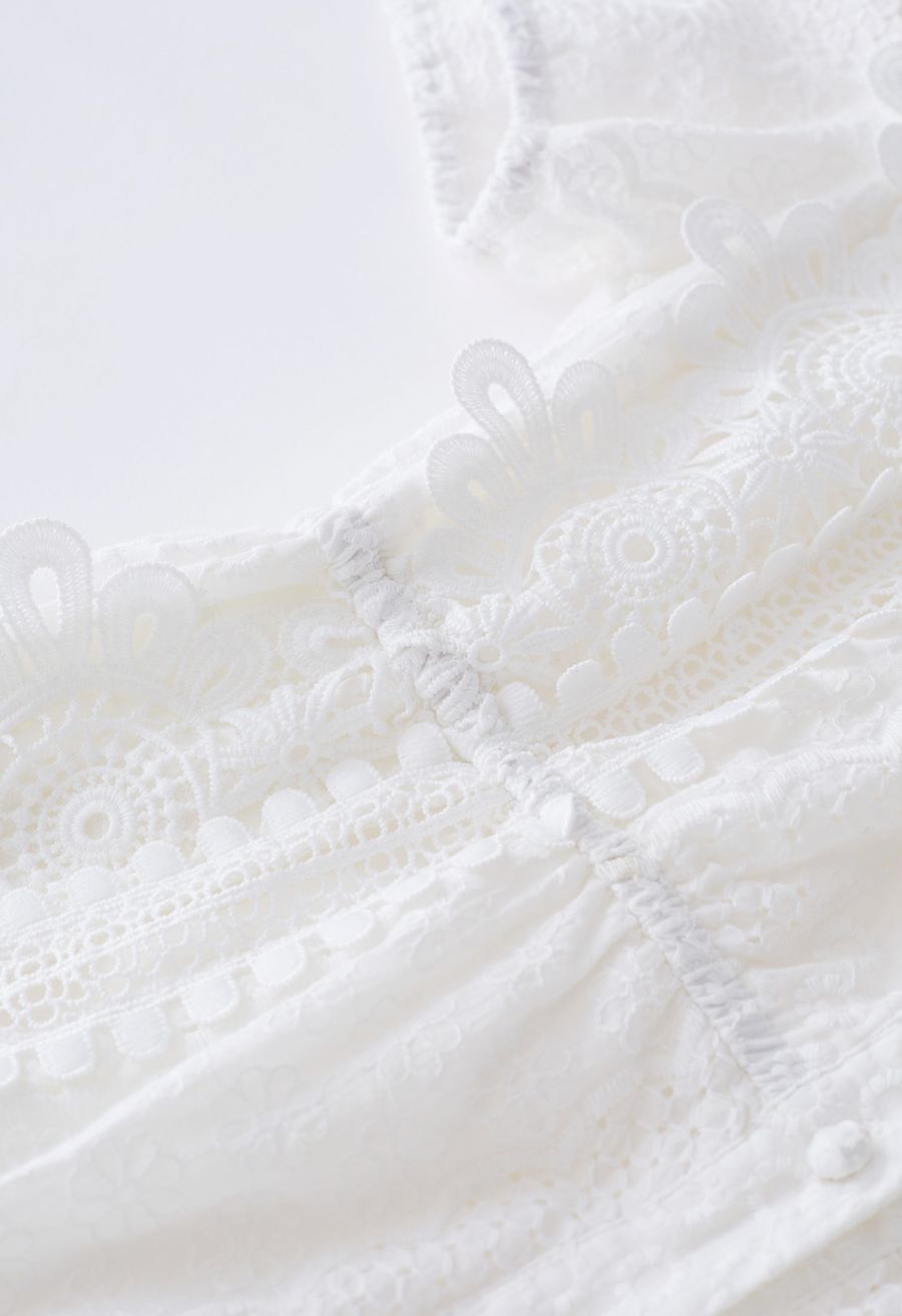 Eyelet Embroidered Cutwork Lace Trim Button Down Dress