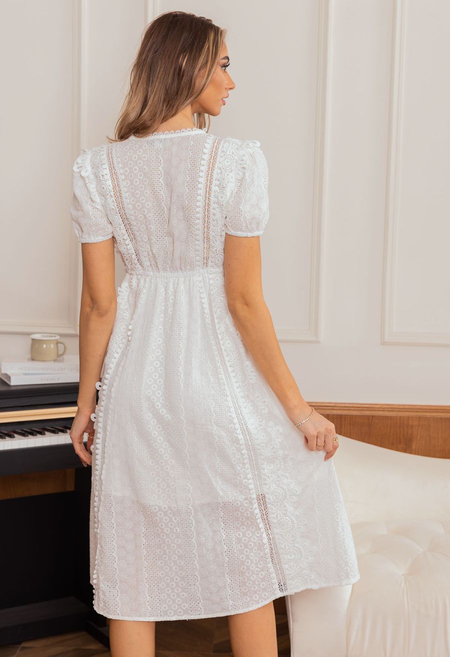 Eyelet Embroidered Cutwork Lace Trim Button Down Dress