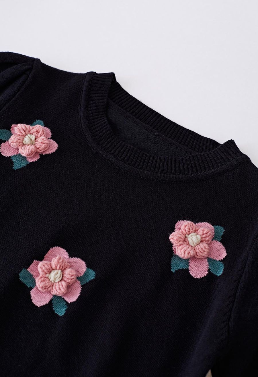 Pink Stitch Flower Short Sleeve Knit Top in Black