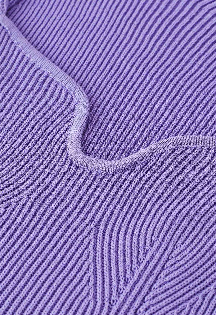 U-Shape Wide Collar Fitted Knit Top in Lilac