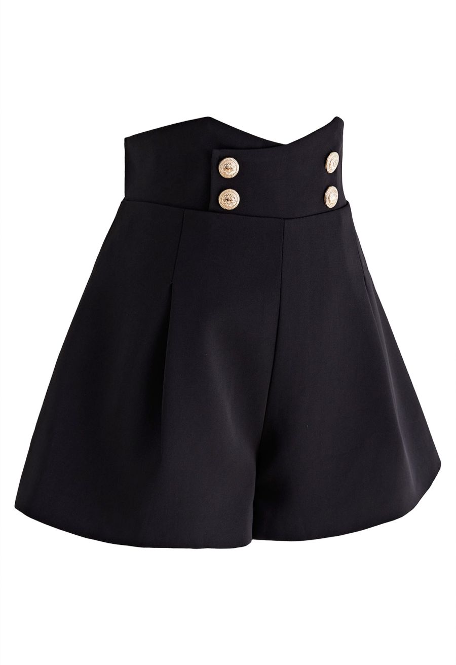 Golden Button High Waist Shorts in Black