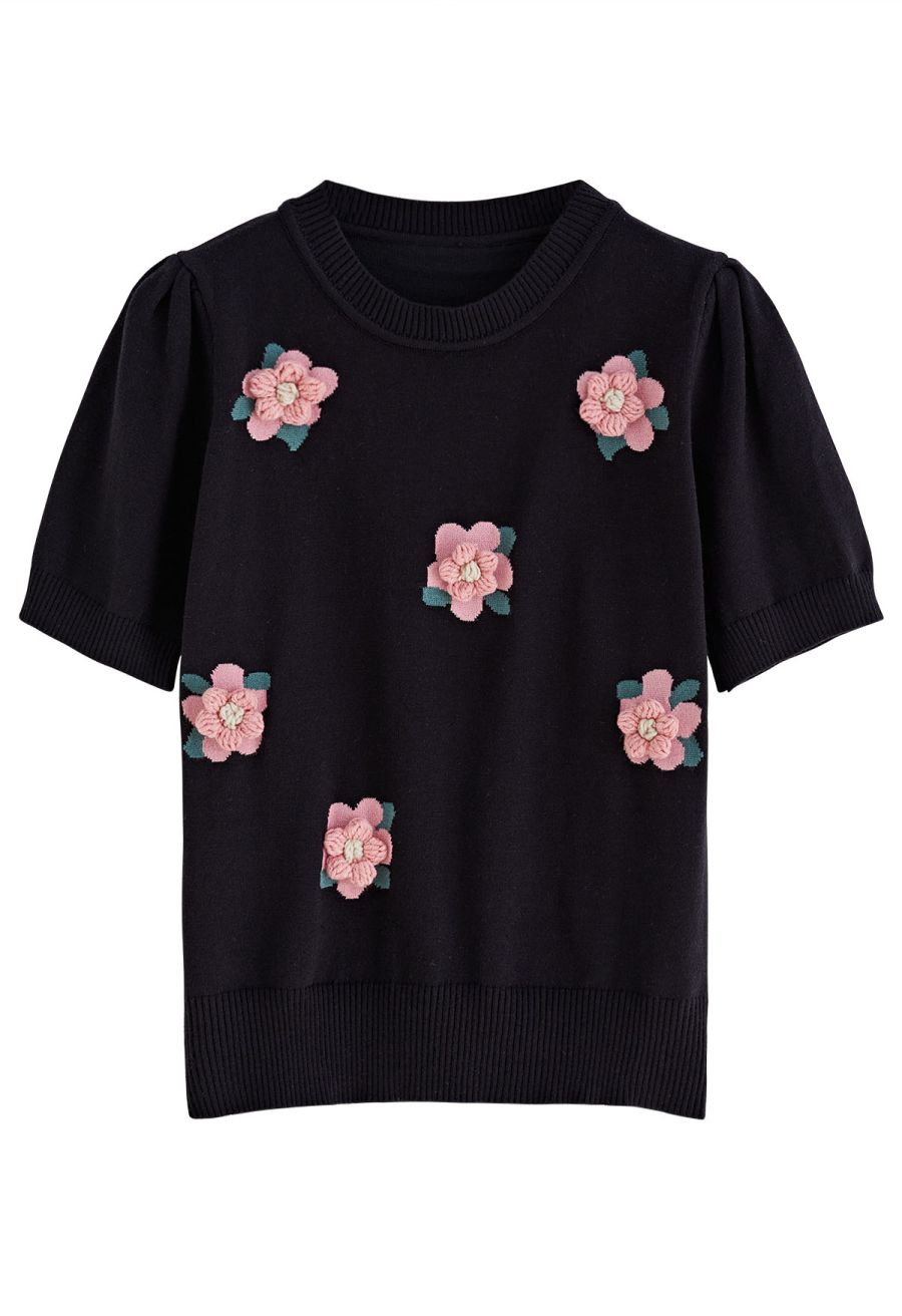 Pink Stitch Flower Short Sleeve Knit Top in Black