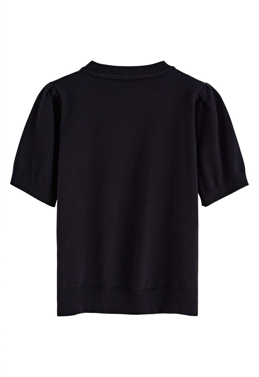 Pink Stitch Flower Short Sleeve Knit Top in Black