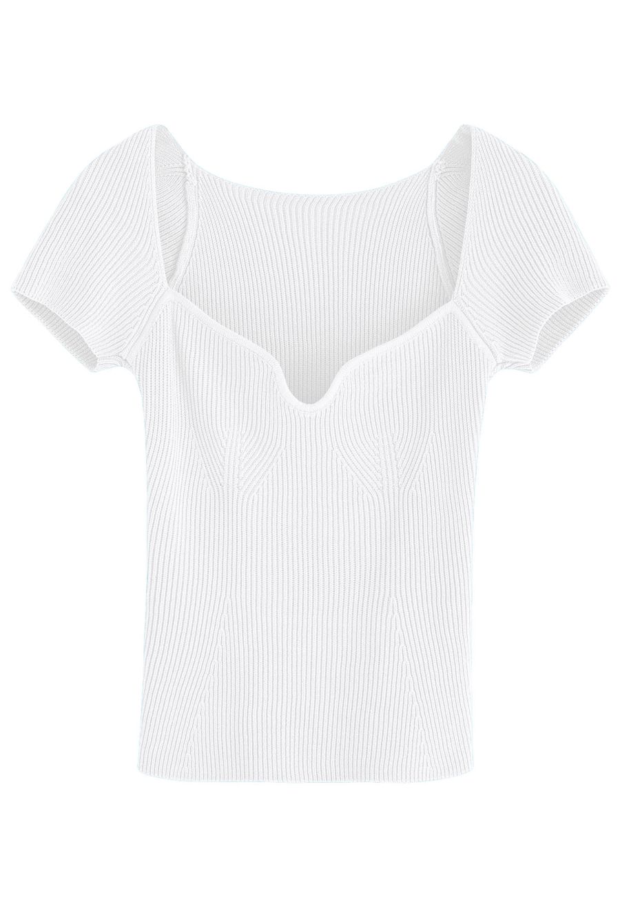 U-Shape Wide Collar Fitted Knit Top in White