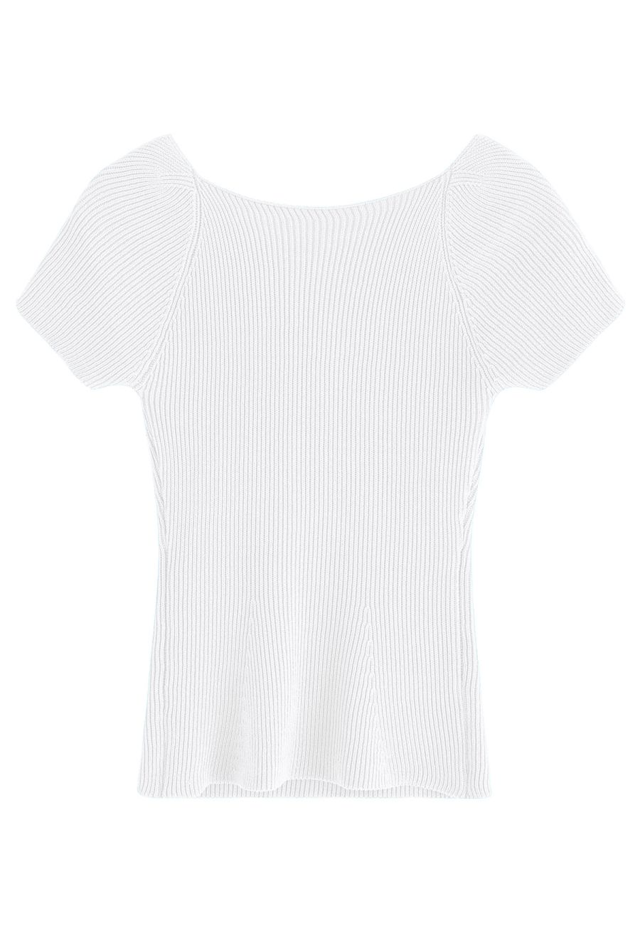 U-Shape Wide Collar Fitted Knit Top in White