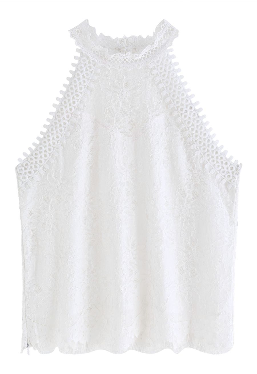 Floral Lace Cutwork Halterneck Top in White