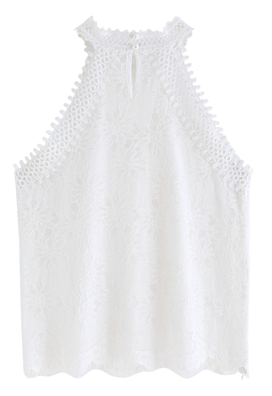Floral Lace Cutwork Halterneck Top in White