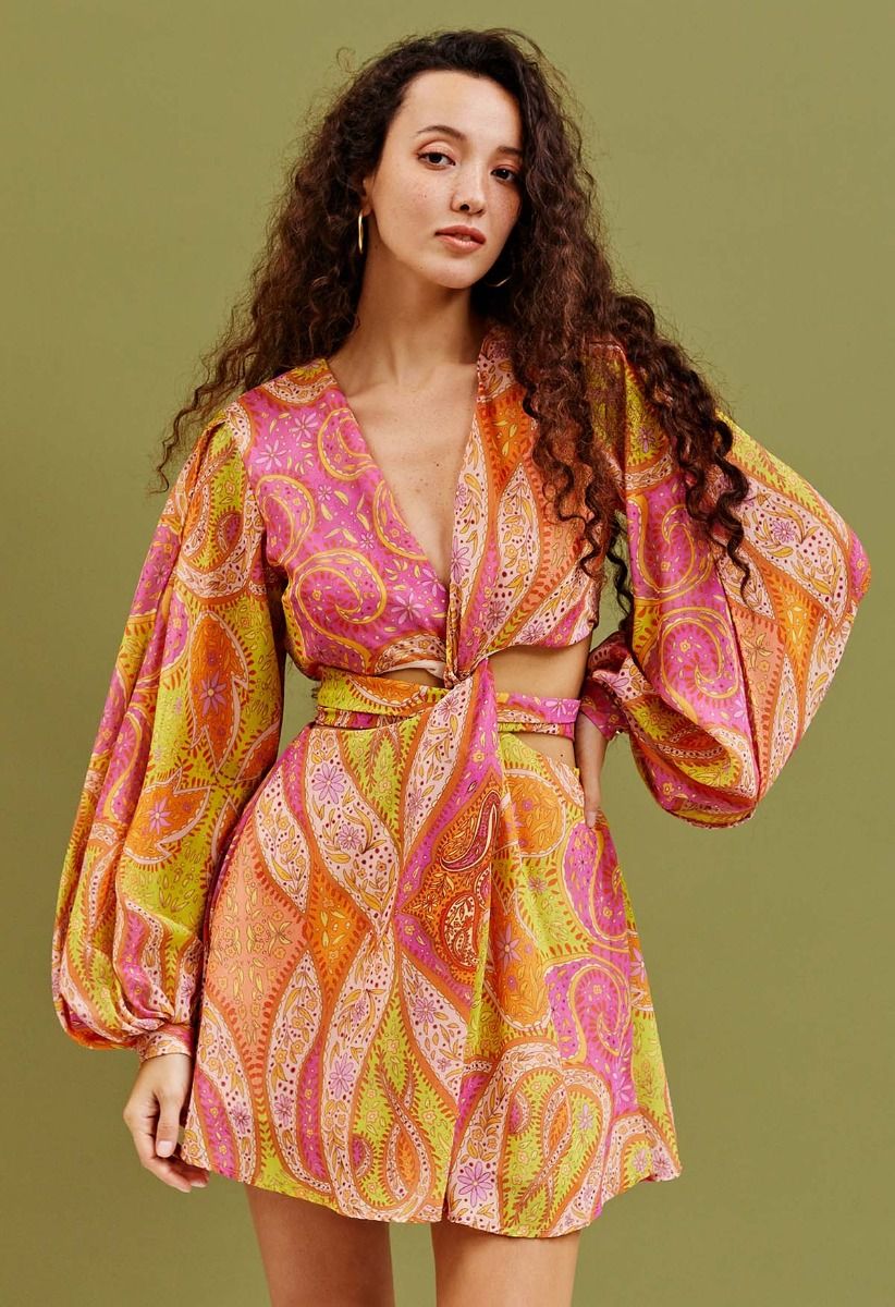 Twisted Cutout Waist Paisley Chiffon Dress
