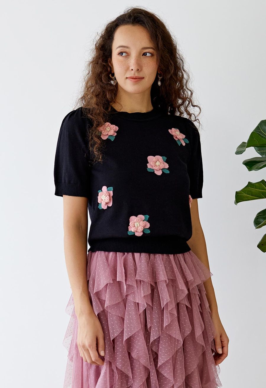 Pink Stitch Flower Short Sleeve Knit Top in Black