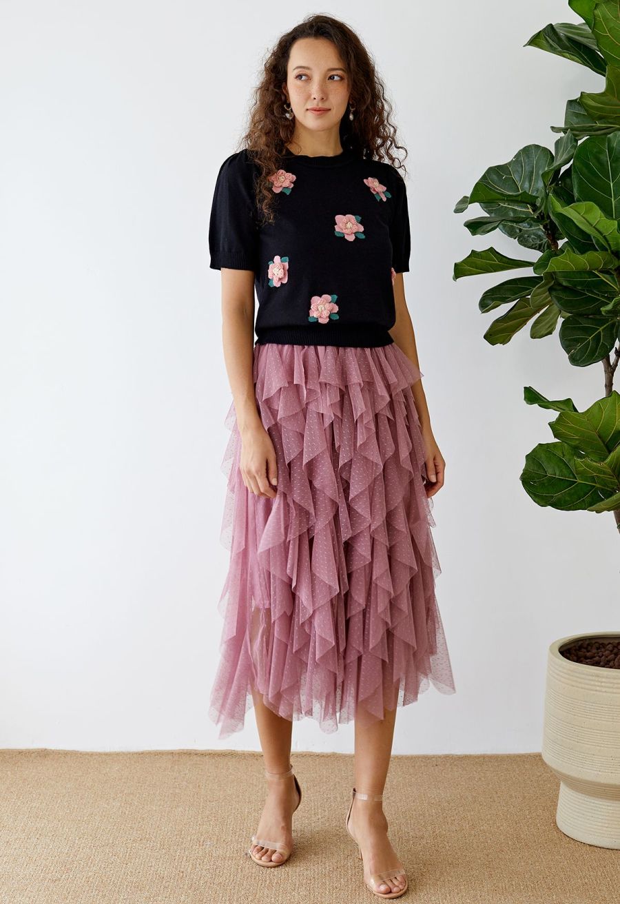Dots Full Ruffled Tulle Skirt in Mauve