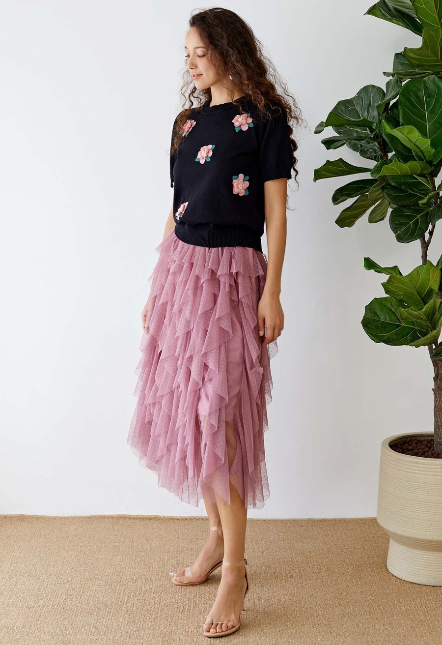 Dots Full Ruffled Tulle Skirt in Mauve