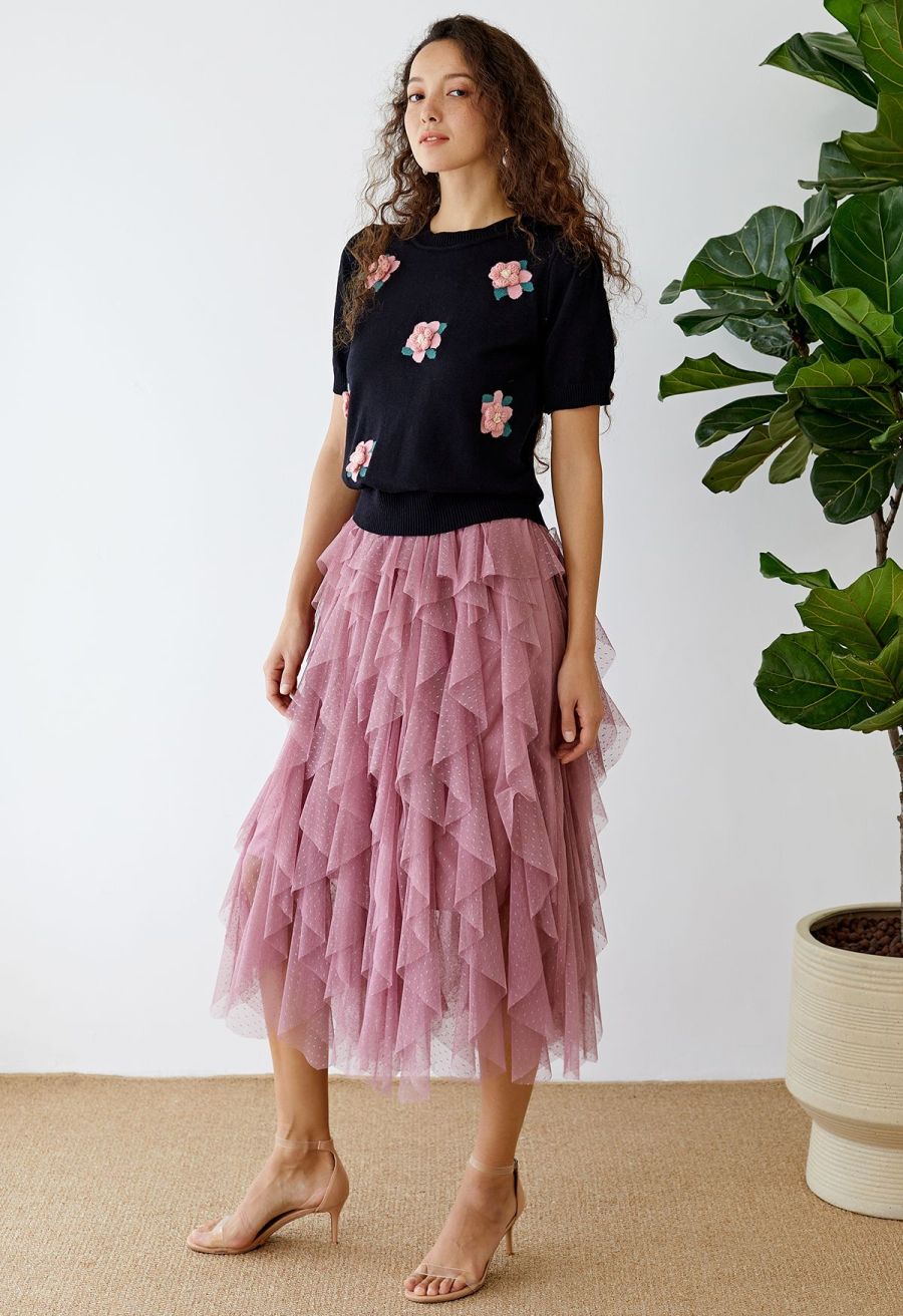 Dots Full Ruffled Tulle Skirt in Mauve