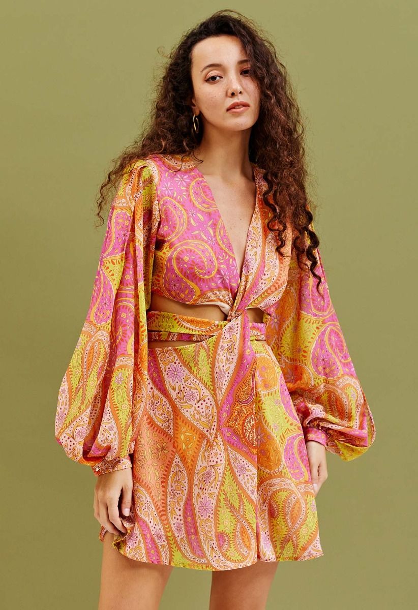 Twisted Cutout Waist Paisley Chiffon Dress