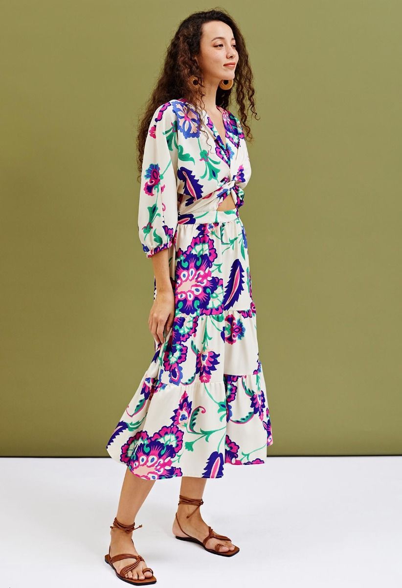 Floral Paisley Print Twist V-Neck Midi Dress