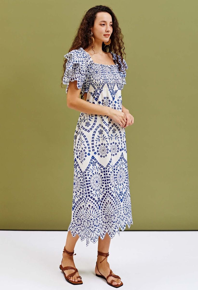 Blue Embroidery Ruffle Sleeve Cotton Dress