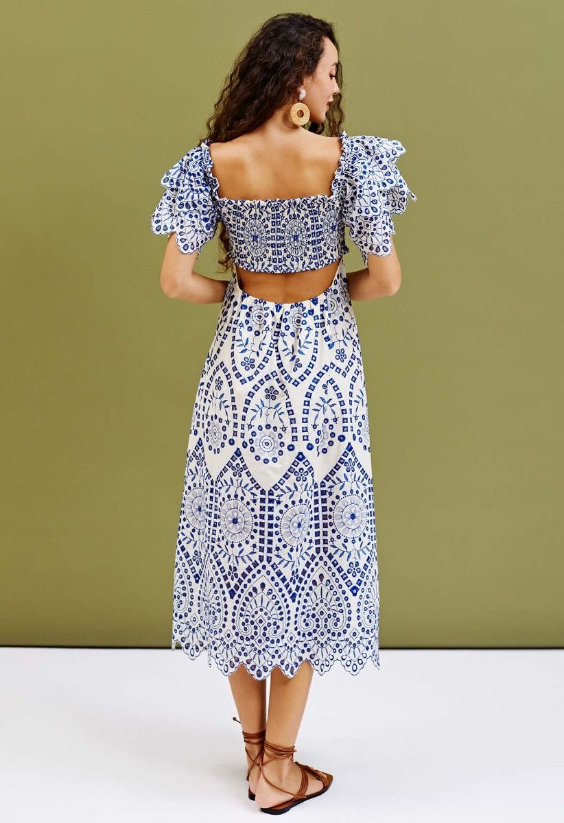 Blue Embroidery Ruffle Sleeve Cotton Dress
