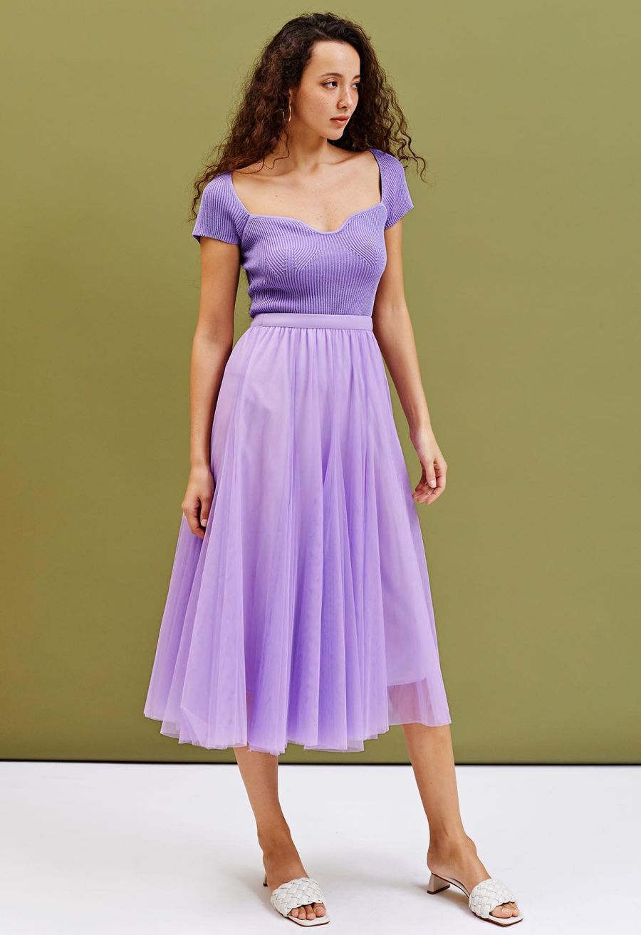 U-Shape Wide Collar Fitted Knit Top in Lilac