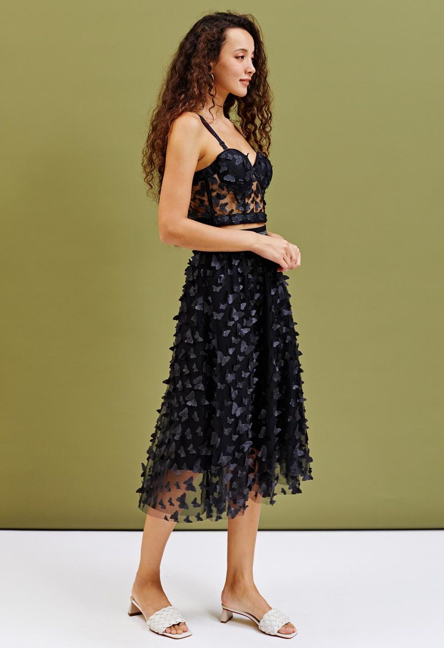 Butterfly Appliques Bustier Crop Top in Black