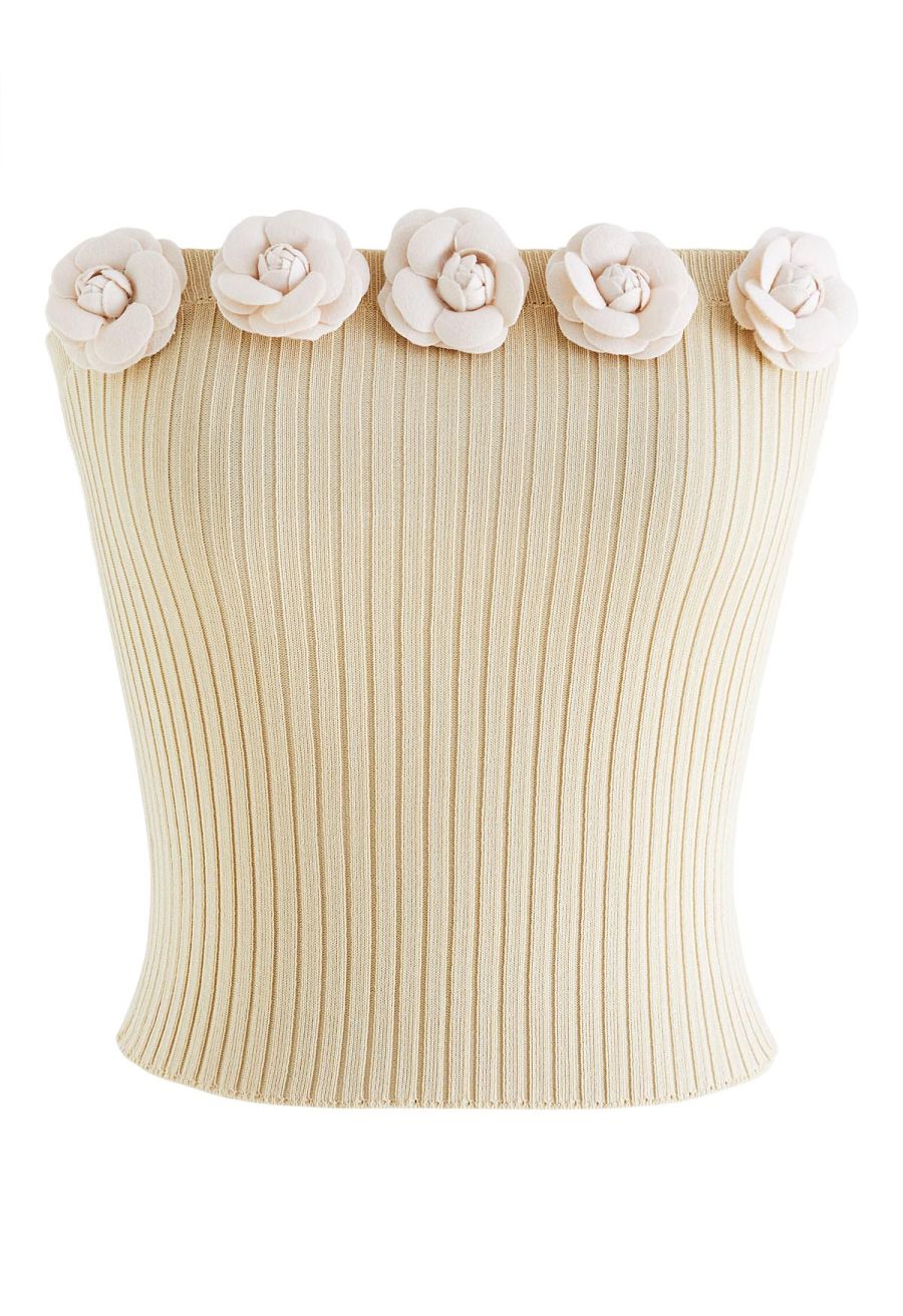 3D Floral Stretchy Tube Top in Cream