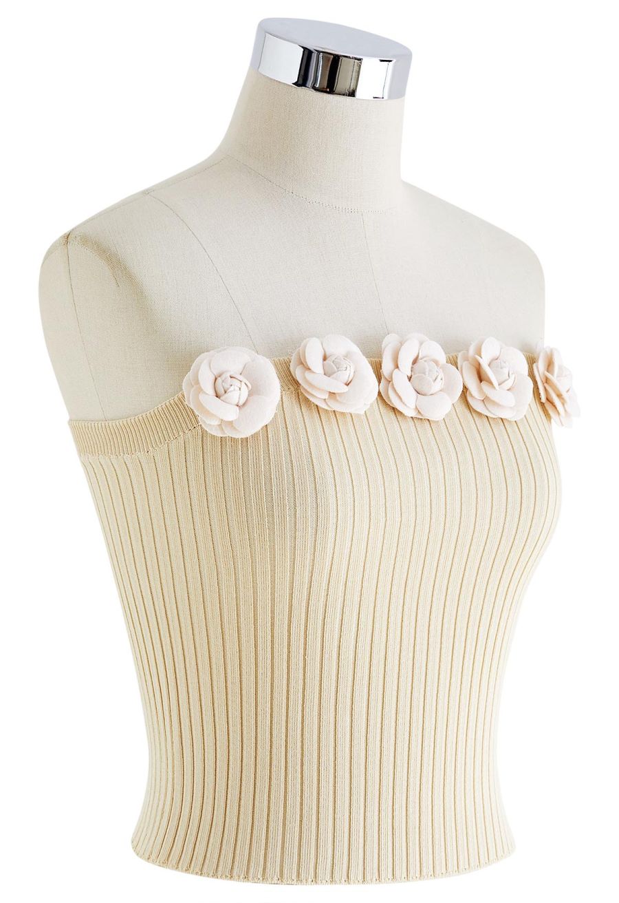 3D Floral Stretchy Tube Top in Cream