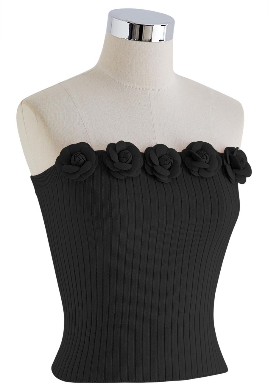 3D Floral Stretchy Tube Top in Black