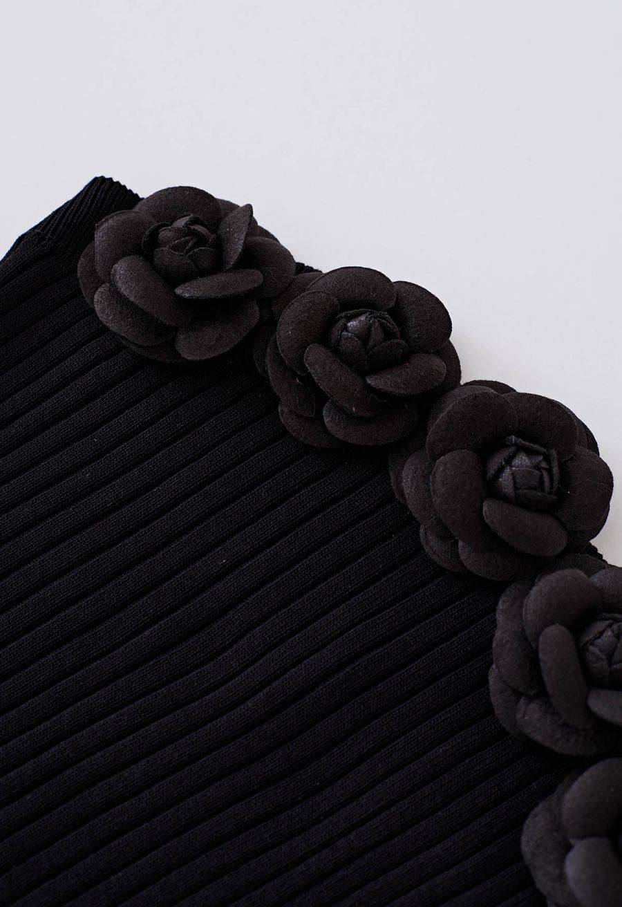 3D Floral Stretchy Tube Top in Black
