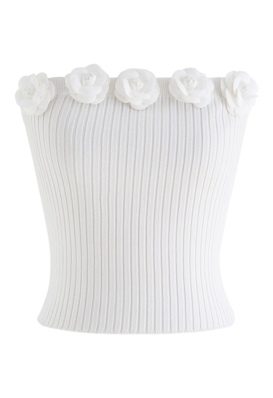 3D Floral Stretchy Tube Top in White