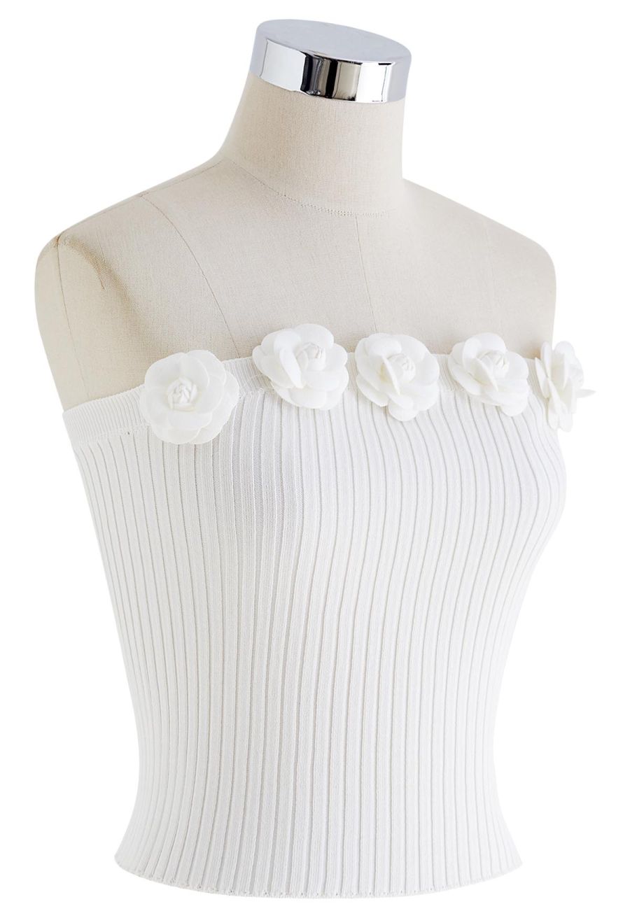 3D Floral Stretchy Tube Top in White