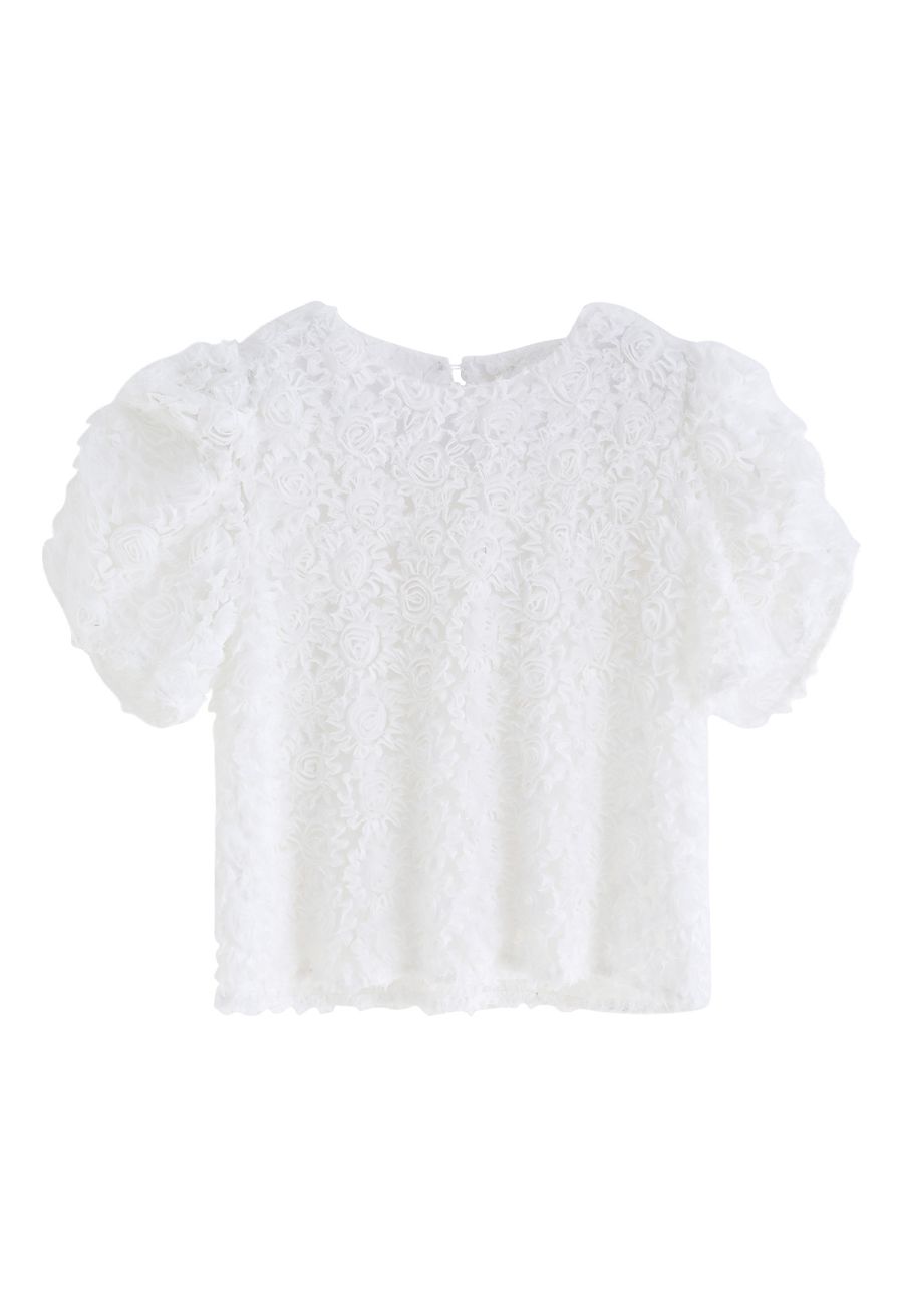 3D Rose Short Sleeve Top in White