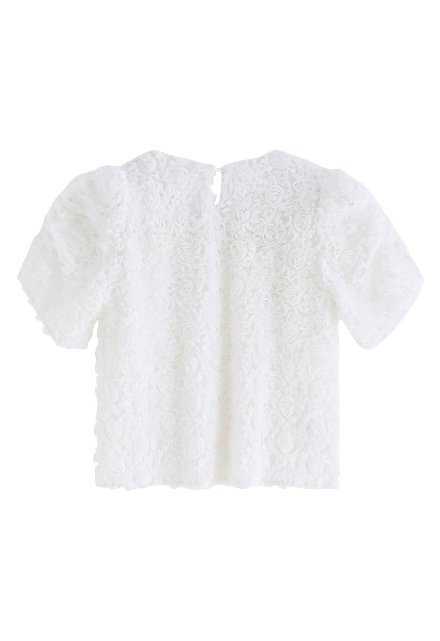 3D Rose Short Sleeve Top in White