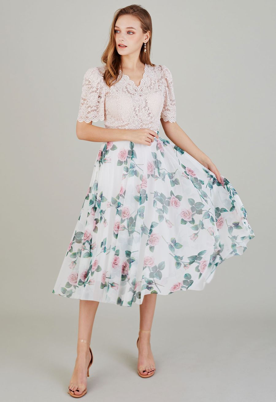 Timeless Rose Mesh Tulle Midi Skirt