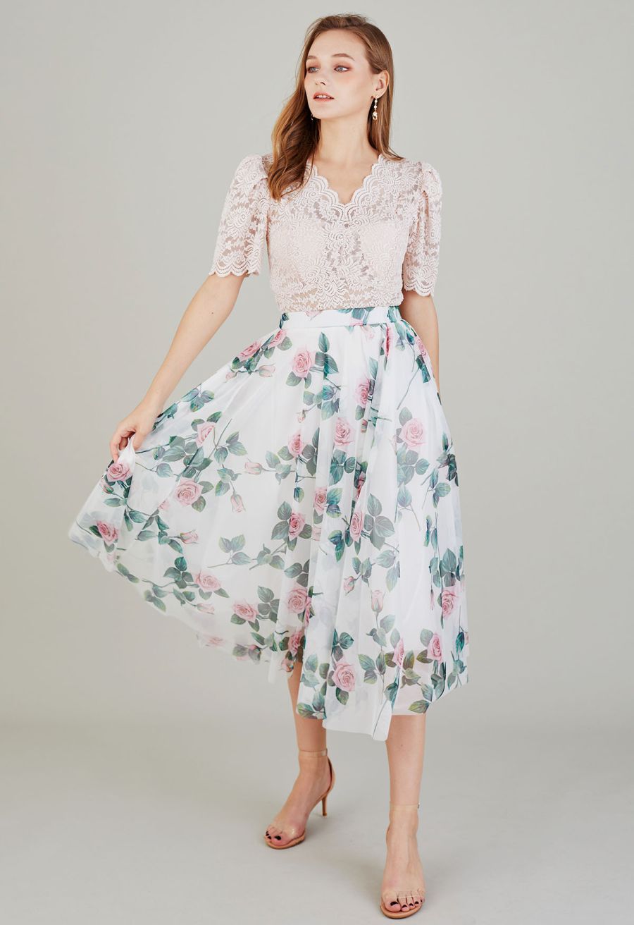 Timeless Rose Mesh Tulle Midi Skirt