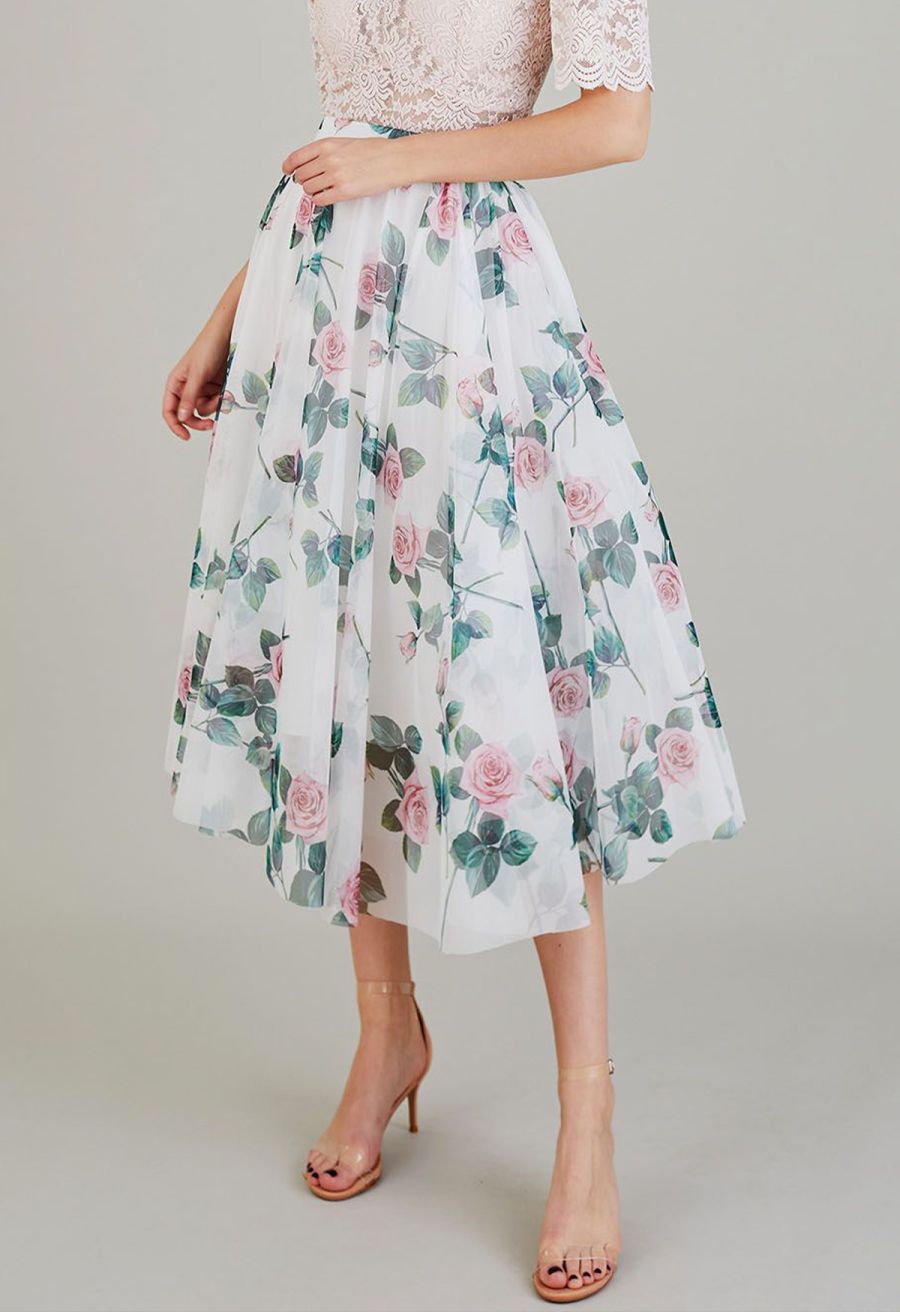 Timeless Rose Mesh Tulle Midi Skirt