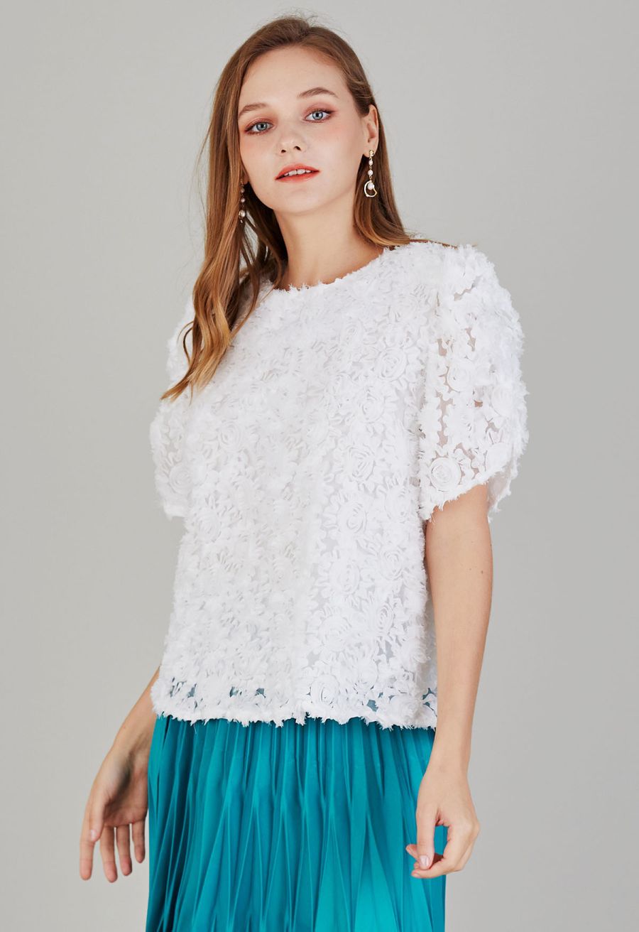 3D Rose Short Sleeve Top in White